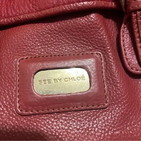 Chloe Grapefruit Red Leather Satchel Top Handle Brushed Gold Shoulder Bag Tote - Picture 4 of 12